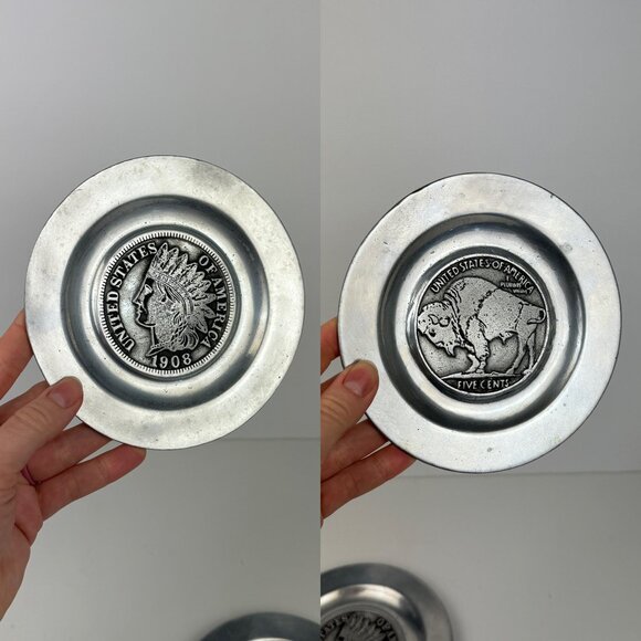 2 Vtg Pewter Pewtarex Indian Head Penny Buffalo Nickel Collectible Plates 5.75in - Picture 1 of 12